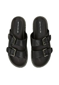 Schwarze Leder-Sandalen mit zwei verstellbaren Schnallen. Verfügt über ein strukturiertes Fußbett und kontrastierende Nähte am Rand. Markenlogo sichtbar.