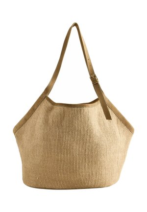 Beige strukturierte Tragetasche mit verstellbarem braunem Lederband und Besatz, breiter runder Form und stabilem Boden.