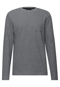 T-shirt grigio a maniche lunghe realizzato in un tessuto morbido, con scollatura rotonda e una tasca sul lato sinistro del petto con un motivo leggermente testurizzato.