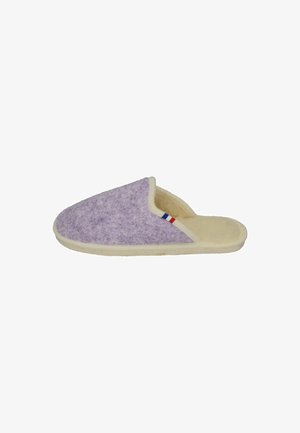 Purple felt slipper with a cream lining and sole. Features a rounded toe and side opening, accented with a small French flag detail.