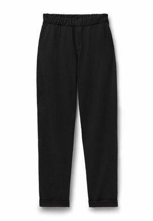 Black tapered pants with elastic waistband and cuffed hems, made from a smooth fabric, suitable for casual or formal wear.