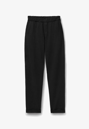 Black tapered pants with elastic waistband and cuffed hems, made from a smooth fabric, suitable for casual or formal wear.
