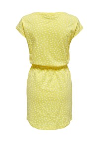Robe jaune à manches courtes avec petit motif floral blanc et taille froncée, vue de dos sur fond blanc.