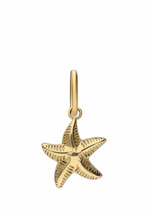 Gouden hanger in de vorm van een zeester met gedetailleerde textuurarmen, hangend aan een gladde ringoog op een witte achtergrond.