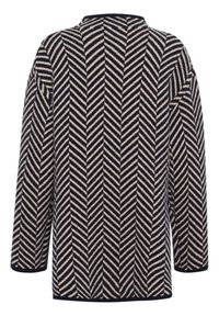 Pull en maille à manches longues avec motif chevrons noir et blanc, col rond, vu de dos.