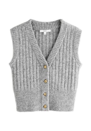 Siva pletena prsluk bez rukava s okomitom rebrastom teksturom i četiri ukrasna zlatna gumba sprijeda.