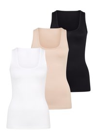 Three tank tops: white, nude, and black. Smooth fabric, scoop neckline, fitted shape, no patterns, and minimal stitching detail.