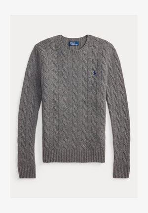Grå kabelstrikket langærmet sweater med rund hals, ribkant ved ærmer og bund samt lille blåt Polo Ralph Lauren-logo på brystet.