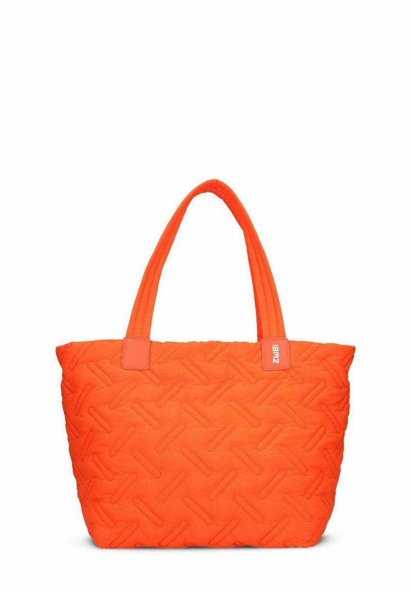 Borsa a spalla arancione trapuntata con due manici robusti, dotata di un motivo testurizzato e un accento logo sottile su un manico.