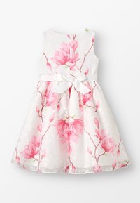 Bílé šaty s růžovým květinovým vzorem, bez rukávů, mašle v pase, texturovaná látka s jemnými puntíky, rozšířená sukně.