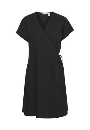 Črna obleka z zavihanimi rokavi, z V-izrezom in oblaščenim pasom. Narejena iz mehke tkanine z gladko teksturo.