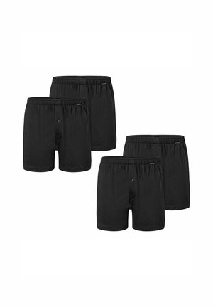 Two pairs of black men's cotton boxer shorts with elastic waistbands and front button fly, shown front and back.
