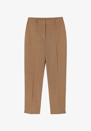 Light brown tailored trousers with a smooth texture, featuring front pleats, side pockets, and a relaxed fit with a tapered leg.