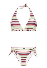 Bikini s dva dijela koji se sastoji od halter topa i donjeg dijela s vezicama sa strane, s horizontalnim prugama u zelenoj, ružičastoj, bež i burgundskoj boji.