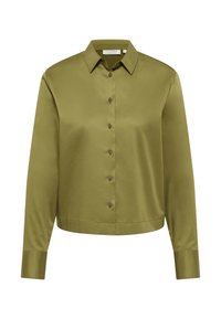 Camicia olive green a maniche lunghe con bottoni, realizzata in satin morbido. Presenta un colletto classico e un orlo dritto con dettagli in bottoni.