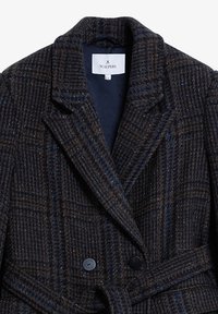 Abrigo de lana a cuadros marrón y azul con solapa muesca, botones de doble botonadura y cintura ceñida con cinturón. Forro interior suave.
