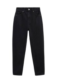 Črne denim hlače z višjim pasom, ravnim krojem, petimi žepi in srebrnimi gumbi. Gladka tekstura, minimalno oblikovanje.
