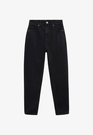 Black denim jeans with a high waist, straight leg design, five pockets, and silver button hardware. Smooth texture, minimal detailing.