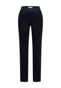 Jeans in denim scuro con una larga cintura elastica, dotati di due tasche frontali e design aderente. Tessuto liscio con leggero stretch.