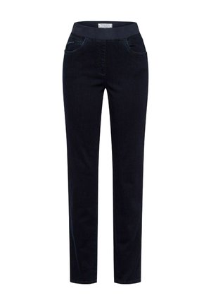 Dunkelblaue Jeans mit einem breiten elastischen Bund, ausgestattet mit zwei Fronttaschen und einer taillierten Passform. Glatte Textur mit leichtem Stretch.
