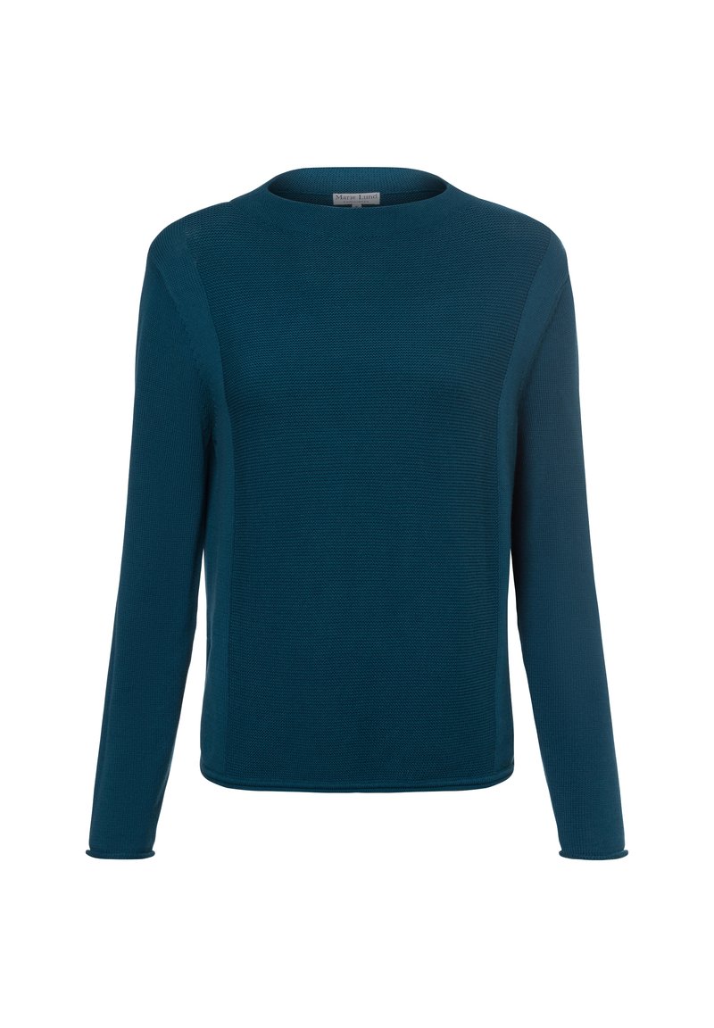 Türkiser Pullover mit langen Ärmeln, Rundhalsausschnitt, nahtlosem Design, strukturiertem Stoff und gerippten Bündchen, ideal für die Freizeit.