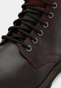 Close-up of dark brown leather boot with black laces threaded through hexagonal metal eyelets and detailed red stitching.