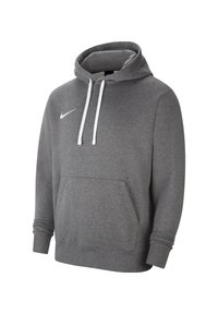 Sweat à capuche gris en tissu doux, avec une poche kangourou à l'avant, des cordons blancs, et un petit logo blanc sur le côté gauche de la poitrine.