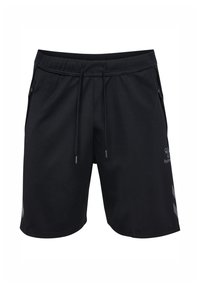 Schwarze Sportshorts aus leichtem Stoff. Ausgestattet mit einem Kordelzugbund, zwei seitlichen Taschen und einem reflektierenden Logo mit diagonalen Streifen.