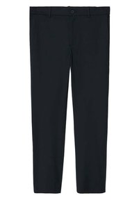 Černé kalhoty z hladké látky s přímým střihem, vybavené knoflíkovým zapínáním a bočními kapsami. Bez viditelných vzorů nebo zdobení.