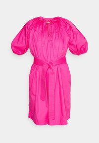 Bright pink knee-length dress with puffed short sleeves, gathered neckline with tie, and matching fabric belt tied at the waist.