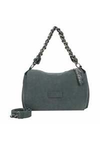 Šedá semišová kabelka s proplétaným řetízkovým popruhem, zipovým zapínáním, odnímatelným ramenním popruhem a visačkou s názvem značky.