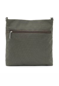 Borsa in tessuto grigio intrecciato con superficie texturizzata, forma rettangolare, chiusura con zip nella parte superiore e tasca con zip sul davanti per ulteriore spazio di archiviazione.
