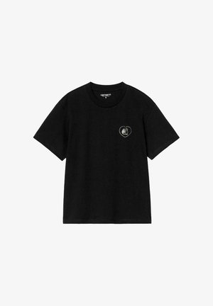 T-shirt en coton noir avec des manches courtes, un col ras du cou et un petit graphique en forme de cœur avec une lettre sur la poitrine gauche.