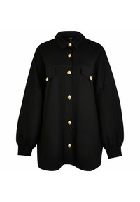 Svart vadderad skjortjacka med krage, två bröstfickor och stora guldknappar. Har voluminösa ärmar och en rundad nederkant.