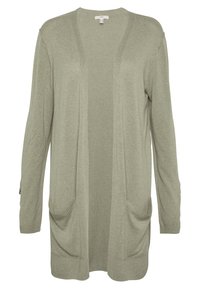 Cardigan long à l'avant ouvert en vert clair, fabriqué en matériau tricoté doux. Présente deux poches avant et des poignets et un ourlet côtelés. Design minimaliste.
