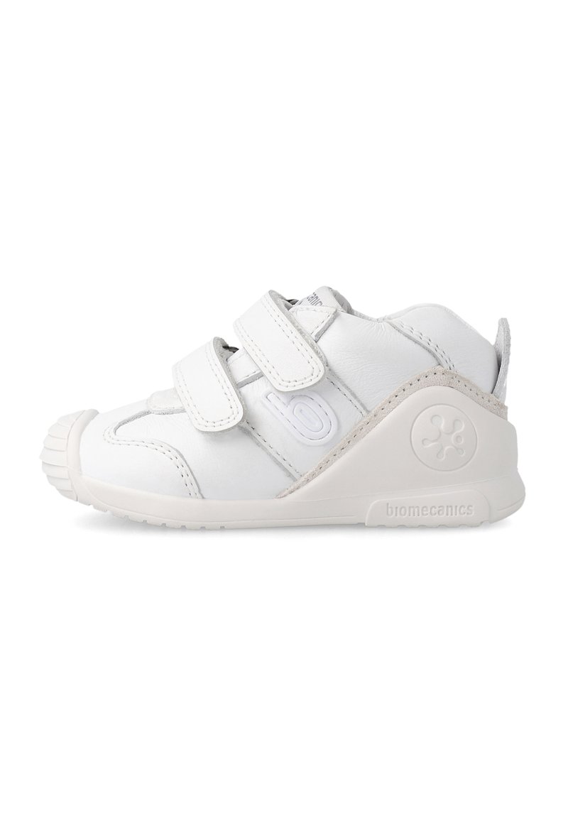 Weiße Leder-Sneaker mit zwei verstellbaren Klettverschlüssen, runder Gummi-Zehenkappe und gepolstertem Fersenbereich. Verfügt über einen grauen Akzent an der Sohle.