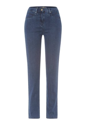 Mørkeblå denim jeans med slim fit, forlommer og diskrete syninger. Har en knap- og lynlåslukning.