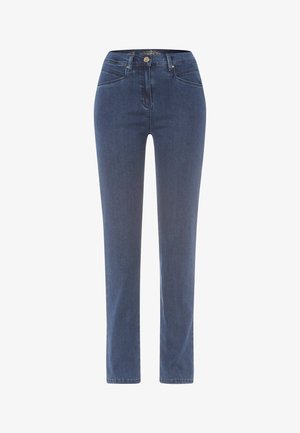 Jean en denim bleu foncé avec une coupe slim, poches frontales et détails de couture subtils. Comprend une fermeture à bouton et à zip.