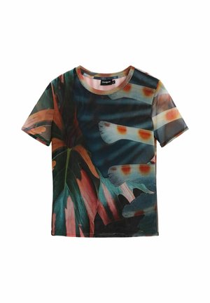 Rövid ujjú ing, színes, absztrakt trópusi levél- és pettyes mintákkal, sötétzöld, narancssárga és kék árnyalatokban.
