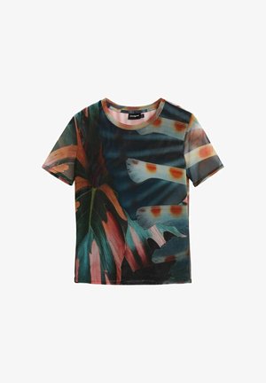 Short-sleeve shirt with multicolored abstract tropical leaf and spotted patterns in dark green, orange, and blue tones.