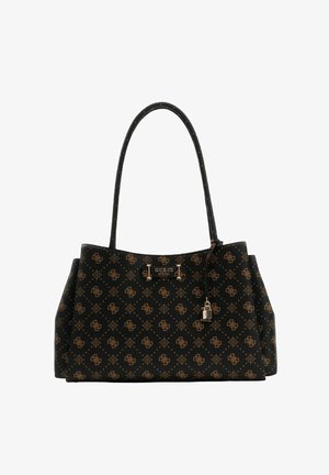 Sac à main noir avec motif monogramme doré, poignées robustes et accents en métal. Comprend un porte-clés en forme de serrure suspendu à la fermeture éclair.