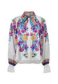 Long-sleeve blouse in white fabric featuring colorful floral patterns in pink, blue, and yellow, with a tied neck and elasticized cuffs.