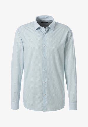 Hellblaues Hemd mit Knopfverschluss und einem kleinen geometrischen Muster, einem offenen Kragen und langen Ärmeln. Der Stoff wirkt glatt mit einem leichten Glanz.