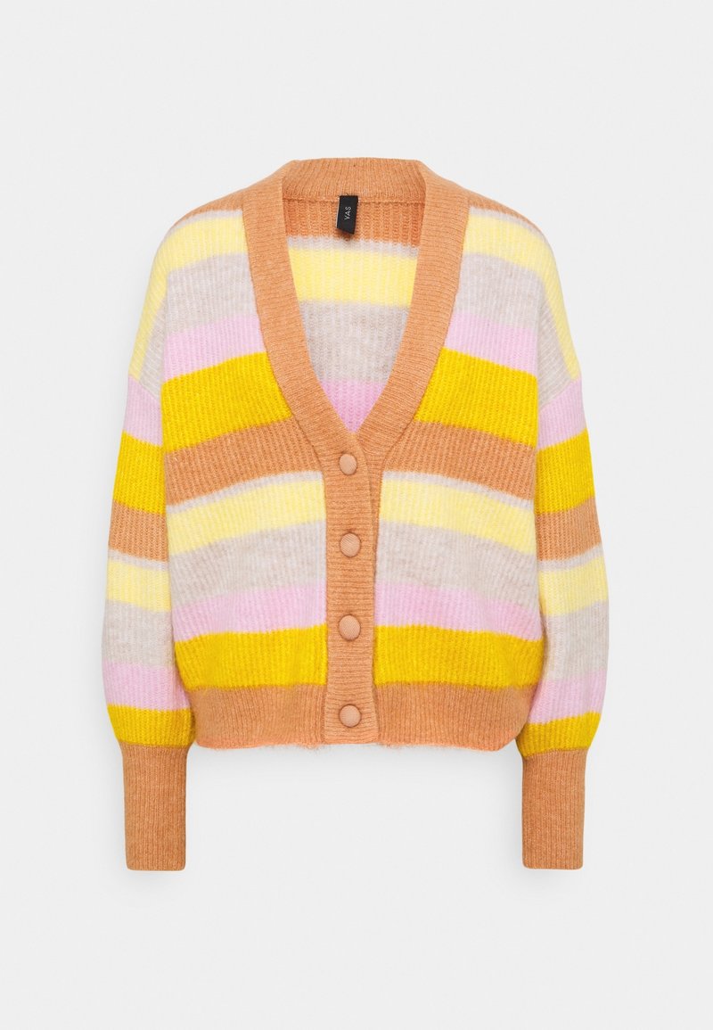 Cardigan multicolore avec un col en V, présentant des rayures horizontales jaunes, roses et oranges, en tissu texturé, et cinq boutons assortis.