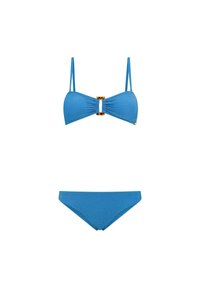 Mėlynas bikini komplektas, pasižymintis tekstūruotu audiniu, trikampiu liemenėlės modeliu su centru detalėmis ir derančiomis žemomis kelnaitėmis.