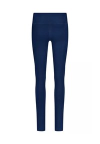 Leggings bleu marine avec une texture lisse, taille haute et d'une longueur complète. Aucun motif visible ni détail matériel.
