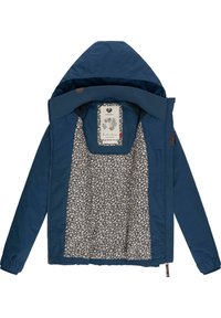 Blauwe hooded jas met een bloemenpatroon als binnenvoering. Heeft een effen buitenkant en elastische manchetten. Etiket zichtbaar aan de binnenkant.