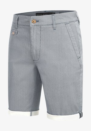 Męskie niebieskie szorty o fakturowanej tkaninie, z mankietowanymi nogawkami, kieszeniami z przodu i z tyłu, zapinane na guzik oraz z subtelnymi detalami szwów.