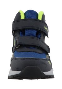 Zwarte en blauwe sportieve schoenen van mesh-stof en synthetisch materiaal. Voorzien van twee verstelbare klittenbandsluitingen en een gestructureerde rubberen zool.