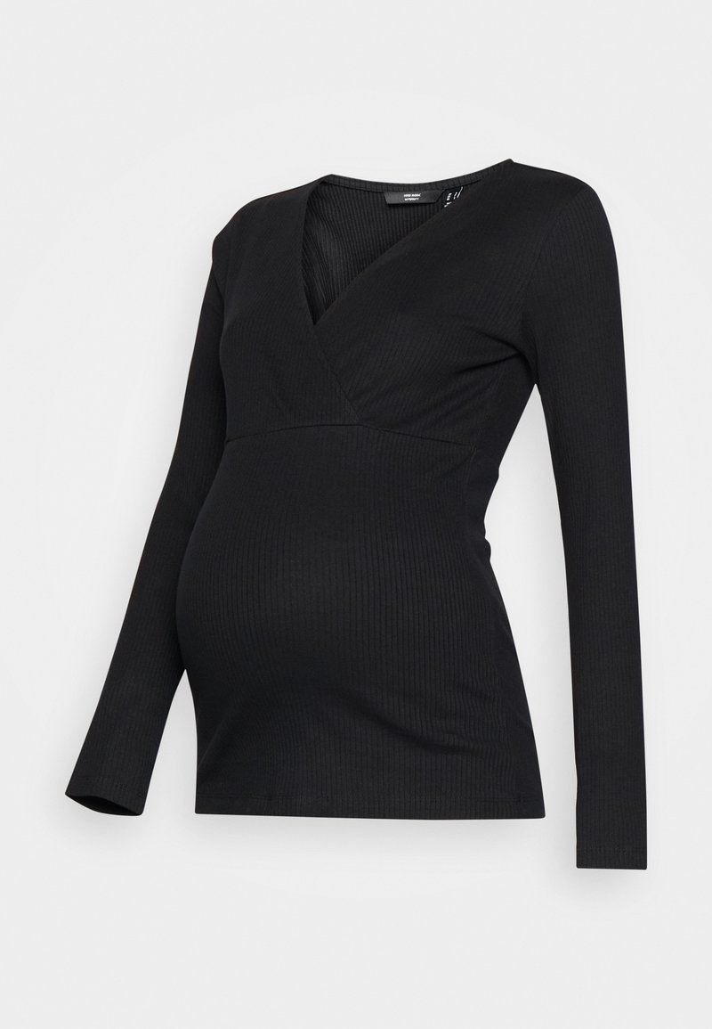 Maglietta nera a maniche lunghe con design avvolgente, texture a coste e scollatura a V. Sagomata per una vestibilità aderente, adatta anche per l'abbigliamento premaman.